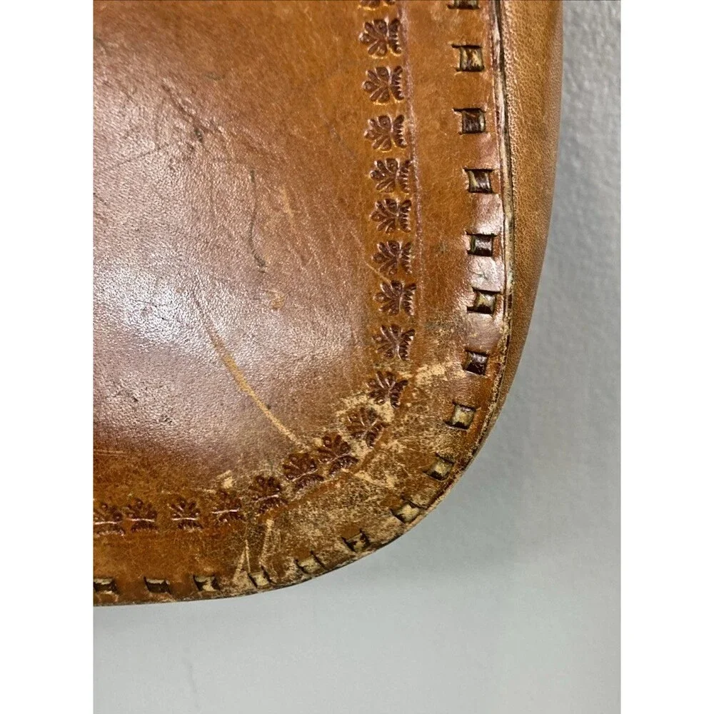 Vintage Leather Hand Tooled & Beaded Handbag Crossbody Tan Fringe Hippie Boho
